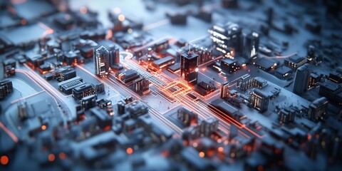 Poster - Aerial view of urban landscape infused with circuit-like digital pathways, symbolizing the integration of technology and city life in a modern environment.