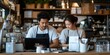 © Odin AI - A duo of cafe owners collaborate over a laptop, managing operations and ensuring customer satisfaction. They are deeply engaged in business planning in a cozy setting.