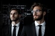 © Odin AI - Two confident men in suits stand in front of a technological backdrop, showcasing leadership and expertise in their field of work, looking forward.