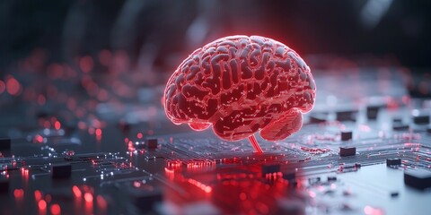 Poster - a glowing brain hologram hovers above a digital circuit board, symbolizing artificial intelligence, 