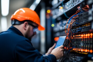 Poster - An engineer wearing a safety helmet inspects server connections using a tablet, representing technical expertise, safety protocols, and modern infrastructure management.