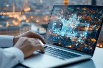 Poster - Hands swiftly navigate the keyboard of a laptop displaying a futuristic digital interface, epitomizing speed, efficiency, and the advanced technological environment.