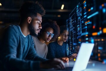 A diverse team engages in joint work on a laptop, analyzing code on a digital screen, exemplifying collaboration, creativity, and modern teamwork dynamics.