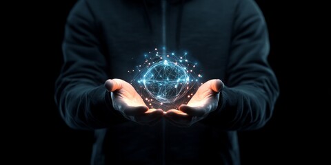 Poster - A man in a dark hoodie holds a bright, intricate network sphere in his hands, symbolizing digital connection and future innovation in a technological landscape.