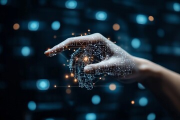 Poster - An intricate visual portrayal of a digitally-rendered hand made up of geometric forms, lights, and network lines, symbolizing the concept of virtual reality.