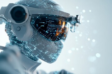 Poster - A forward-looking image of a cyborg equipped with a digitally enhanced helmet and visor, illustrating advanced technology in an interconnected future world.