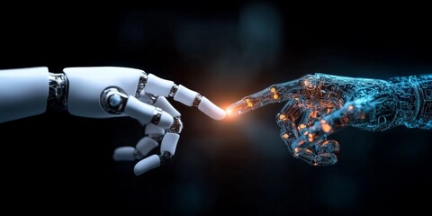 Poster - A robotic hand touches a digitized human hand, symbolizing human-technology interface and collaborative progress in the modern digital age.