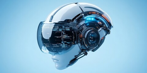 Poster - A high-tech robotic helmet with digital data visualization, indicating futuristic advancements in artificial intelligence and augmented reality technologies.