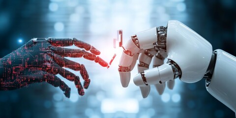 Poster - A robot and a digital hand reaching towards each other in a symbolic connection, representing the fusion of technology and humanity in a futuristic concept.