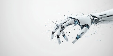 Poster - A robotic hand reaching out, showcasing digital connections and circuitry, depicting technological advancement through a minimalist, futuristic design approach.