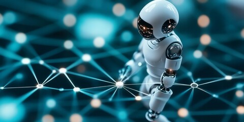 Poster - A sleek, futuristic robot stands amidst a digital network of blue glowing nodes, symbolizing connectivity and advanced technology in a cybernetic world.