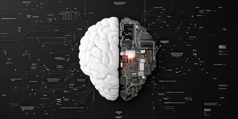 Poster - Half brain, half circuitry on a dark background with digital connections, symbolizing the fusion of human intelligence and technology innovation.