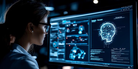 Poster - A scientist observes a digital display of neural data, representing a blend of innovation and advanced technology in modern scientific exploration and understanding.