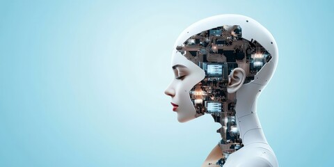 Poster - A robotic head showcases its internal circuitry and design against a light background, symbolizing technology, advancement, and the future of robotics.