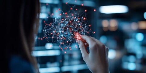 Poster - A hand delicately holds a digital representation of a neural network, symbolizing the complexity and interconnectivity of modern artificial intelligence systems.