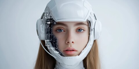 Poster - A young woman in a high-tech helmet revealing a mechanical and digital interface, showcasing the fusion between human and technology, expressing future innovation.