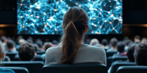 Poster - An audience member is focused on a large screen displaying a neural network visualization, highlighting the intersection of technology and human curiosity in a crowded room.