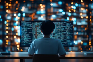 Poster - A programmer is deeply engaged in coding while overlooking an abstract data display, representing the digital landscape and innovative potential of technology.
