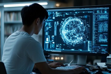 Poster - A researcher intensely examines world map data displayed digitally on a screen, highlighting the global focus and connectivity in scientific exploration and analysis.