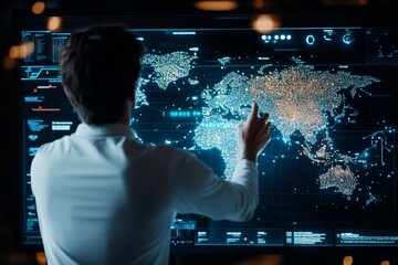 Poster - A man in a white shirt uses a touch screen to interact with a digital world map interface filled with data points, showcasing technology and global connectivity.