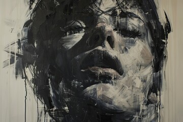 Poster - An expressive portrait showcasing a woman's face with dramatic brush strokes and intense emotion in a modern art style. Generative AI