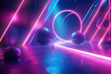 Poster - Vibrant neon light display in a futuristic setting with glowing spheres and curved pathways during a digital art event. Generative AI