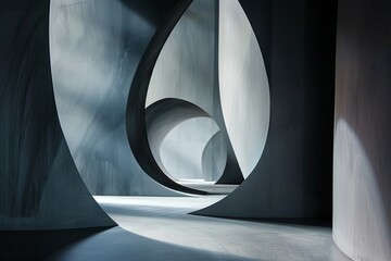 Poster - Curved architectural design creates a mesmerizing interplay of light and shadow in a modern interior space. Generative AI