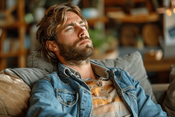 Young man with neck pain sitting on the sofa feeling sad after a hard work day