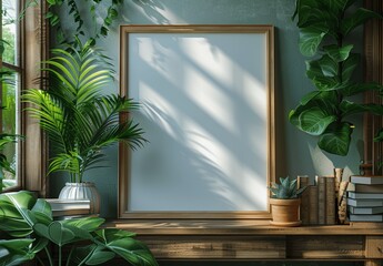 Empty Wooden Frame on Table with Tropical Leaves, Books and Natural Light Shadowplay in Minimalist Interior