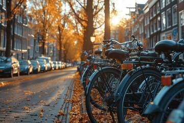 Bicycles Parked on Sidewalk in Sunny Amsterdam with Cityscape Background