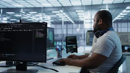 Poster - portrait of joyful technician working in high tech workplace providing computing resources for diffe