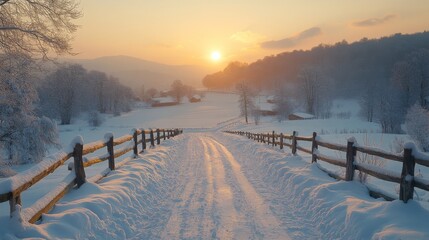 Poster - A tranquil winter scene where a snow-covered path stretches towards the horizon, illuminated by a soft sunset. Trees and homes dot the landscape, creating a peaceful atmosphere.
