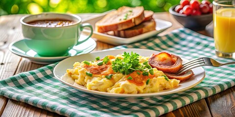 Wall Mural - A Rustic Table Setting with Cheesy Scrambled Eggs, Toasted Bread, and a Forkful of Sausage