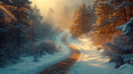Poster - A serene winter morning reveals a winding path lined with snow, surrounded by tall trees as sunlight gently illuminates the landscape.