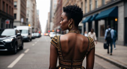 Wall Mural - African Young Woman with Short Hair in Stylish Dress at City Street Back View Portrait