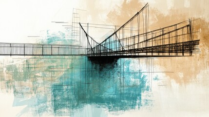 Aufkleber - The artwork features an abstract bridge crossing over calm waters, merging various hues and dynamic lines to create visual interest. Generative AI
