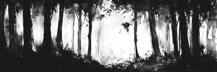 Leinwandbilder - A detailed black ink sketch captures a dense forest at dusk, showcasing intricate tree patterns and deep shadows alongside a soft glow. Generative AI