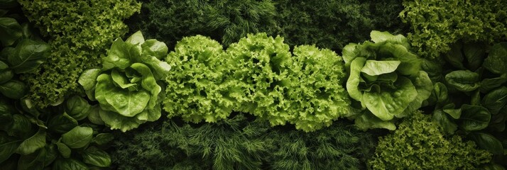 Poster - A vibrant layout of fresh lettuce, dill, and basil showcases the rich textures and colors of these herbs, perfect for enhancing meals. Generative AI