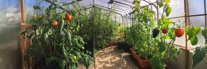 Poster - A lush greenhouse showcases thriving tomato, cucumber, and pepper plants growing in sunlit conditions, fostering healthy crops. Generative AI