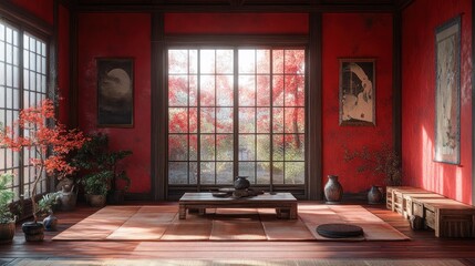 a traditional japanese room with tatami mats, a low table, and two paintings on the red walls, with 