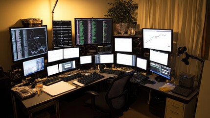 Poster - High-Tech Trading Setup with Multiple Monitors