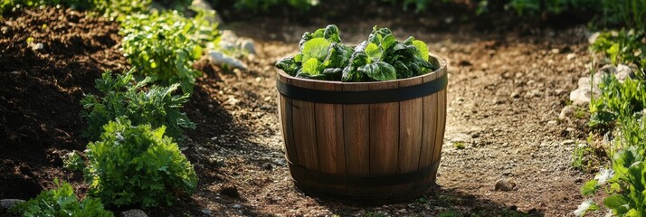 Aufkleber - A wooden bucket brimming with fresh vegetables sits in a vibrant garden, surrounded by flourishing plants under the sun. Generative AI