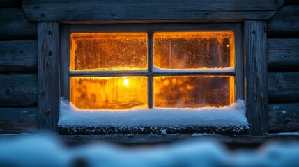 Poster - A cabin window radiates a warm orange glow against a snowy exterior as dusk settles in. The scene exudes a tranquil winter atmosphere.