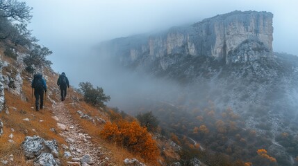 Poster - Two hikers navigate a mountain trail enveloped in fog during autumn. The landscape showcases a rocky terrain with vibrant orange foliage and towering cliffs.