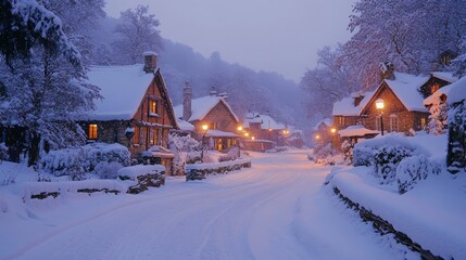 Poster - A serene village street blanketed in snow during twilight, showcasing charming cabins with warm lights and frosty trees lining the road.
