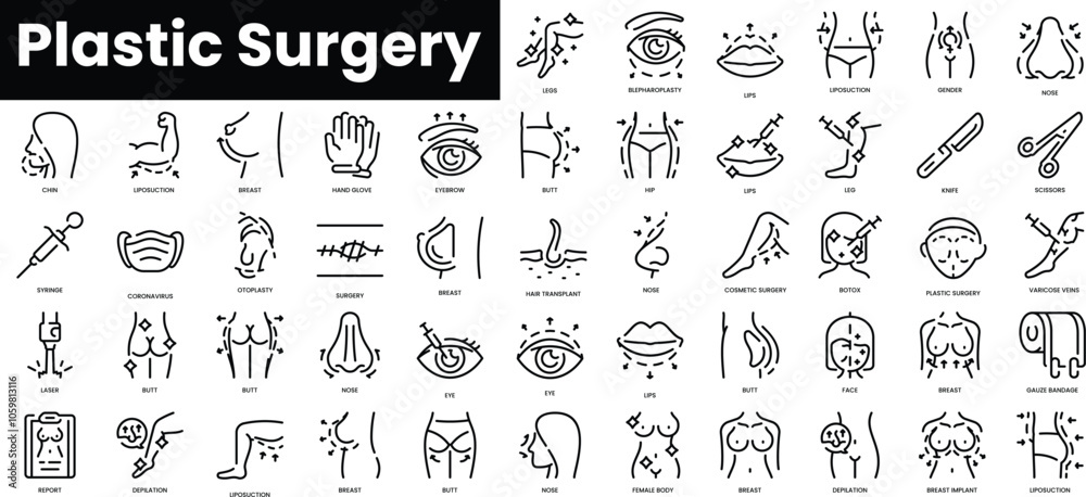 Set of outline plastic surgery icons. Minimalist thin linear web icon ...