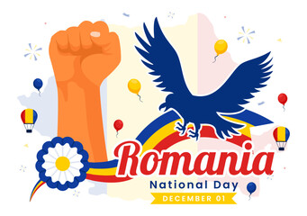 Romania National Day Illustration featuring the Romanian Flag Waving in Celebration of the Great Union Memorial Holiday, with a Festive Background