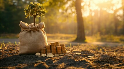 Poster - A stack of shiny gold coins beside a money bag with a small tree growing out of it, set against the warm morning sunlight in a peaceful public park