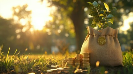 Poster - A stack of shiny gold coins beside a money bag with a small tree growing out of it, set against the warm morning sunlight in a peaceful public park