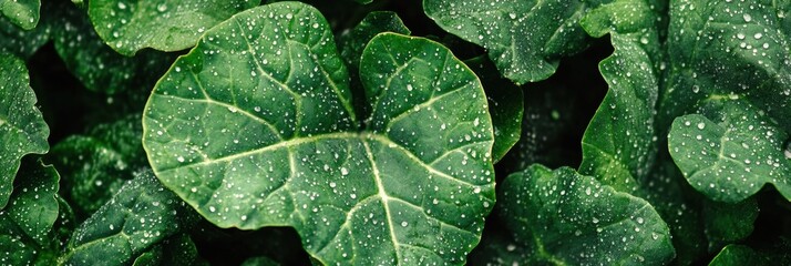 Poster - Fresh vegetables flourish in a vibrant garden while light rain gently falls, creating shimmering droplets on the rich green leaves. Generative AI